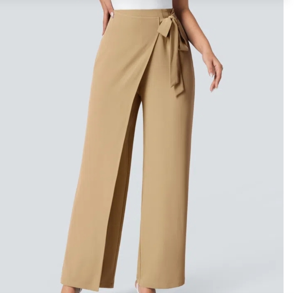 Halara Flex High Waisted Tie Side Wide Leg Work Pants Tan Desert Brown NWT S/P - Picture 1 of 10